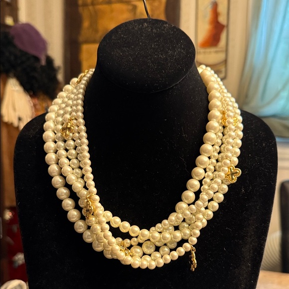 Talbots Jewelry - Talbots five strand glass, pearl necklace with gold tone, Maltese cross charms